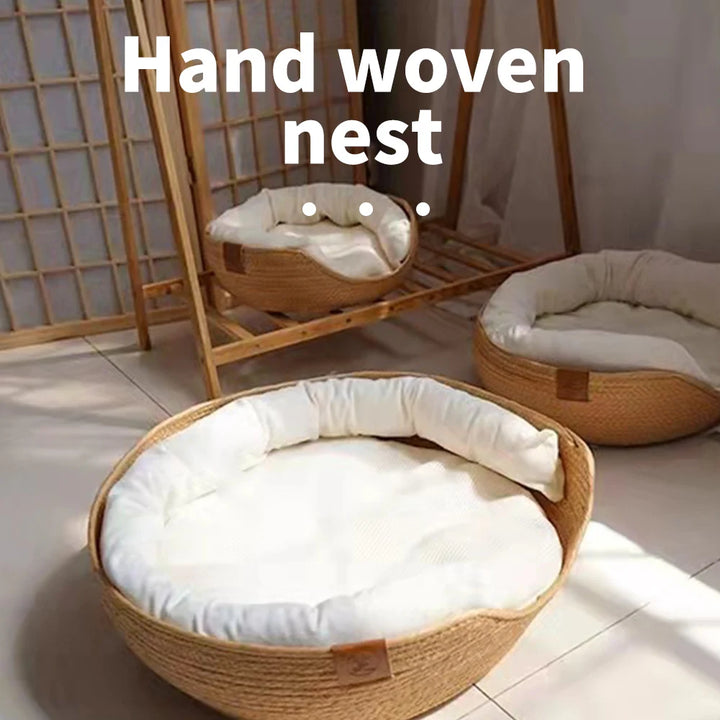 Hanpanda Summer Round Straw Weaving Dog Bed